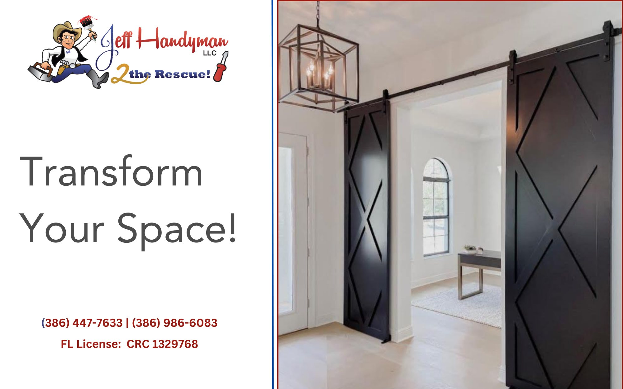 Custom barn doors installed in a Palm Coast home office