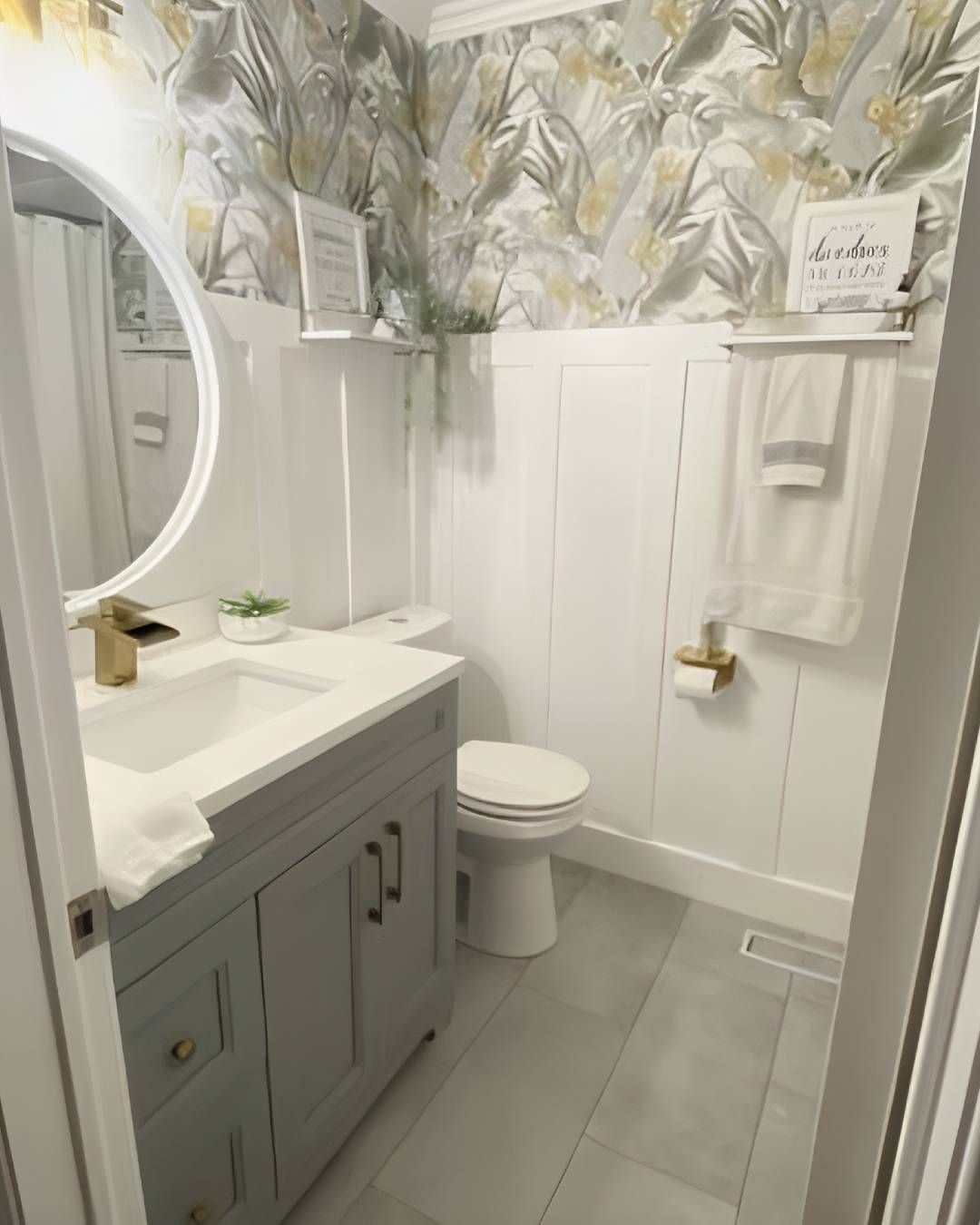 Board-and-batten accent wall with coordinating wallpaper