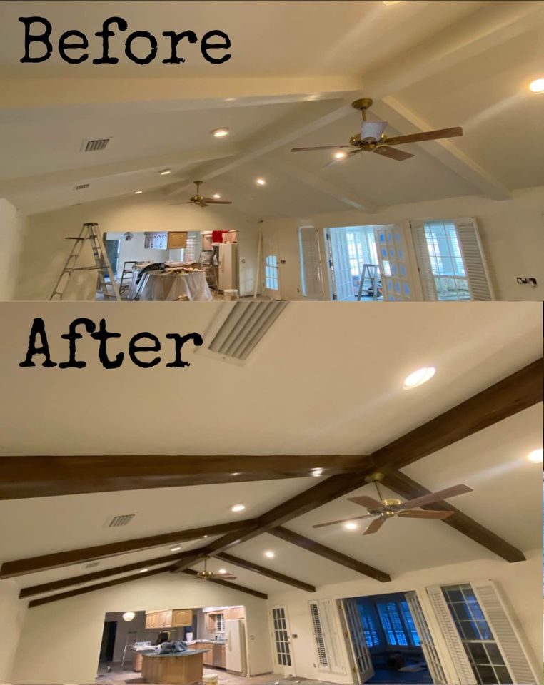 Custom wood beams installed on a vaulted ceiling