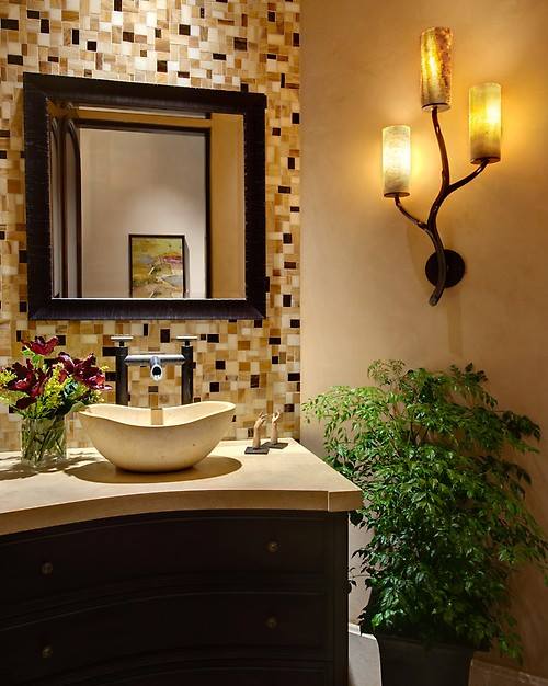 Bathroom with full glass tile accent wall