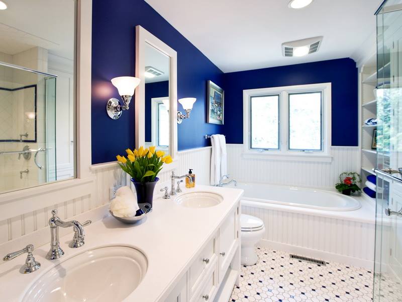 Bathroom with wainscoting walls and freestanding tub surround
