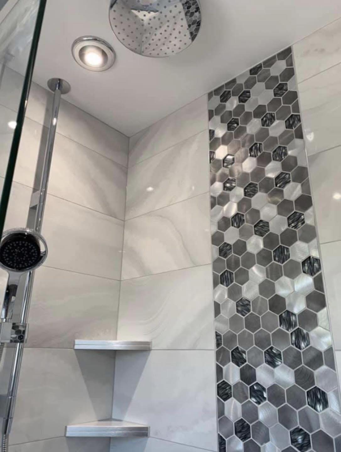 Waterfall rain-head shower with custom tile walls
