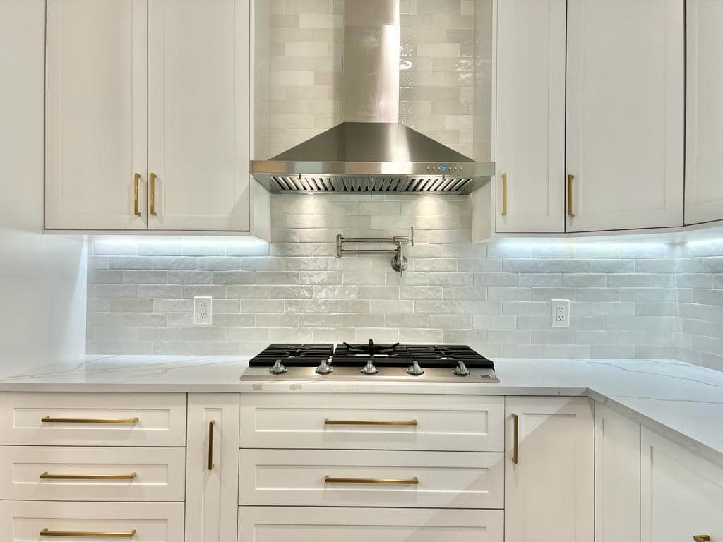 White tile backsplash install